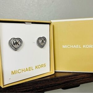 Michael Kors MK Heart Stud Earrings Silver Tone Logo NWT